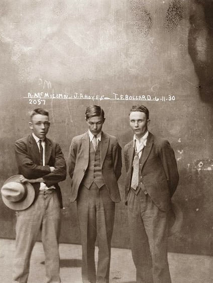 Eddie McMillan, John Frederick “Chow” Hayes, Thomas Esmond Bollard, Special Photograph number 2057, 6 November 1930, Central Police Station, Sydney.