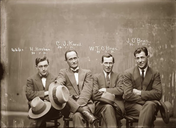 Mug shot of Hampton Hirscham, Cornellius Joseph Keevil, William Thomas O'Brien and James O'Brien, 20 July 1921, Central Police Station, Sydney.