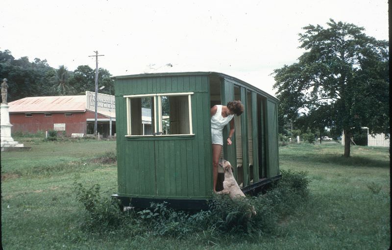 Dorothy in 'old tram from early days', Port Douglas, Feb 1963