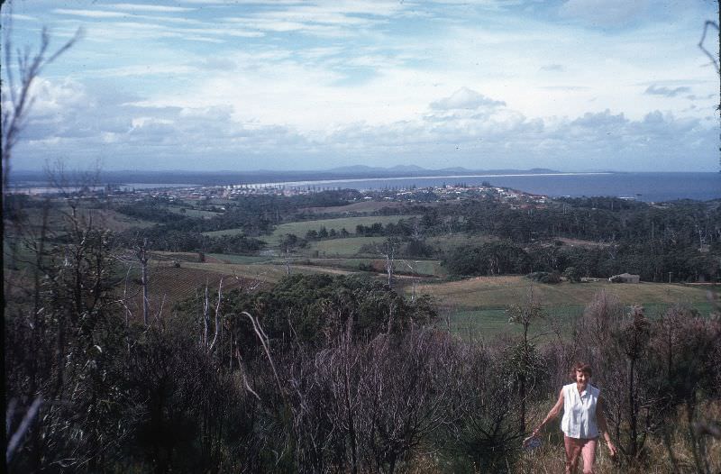 Betty climbing Transit Hill, Port Macquarie, Jan 1963