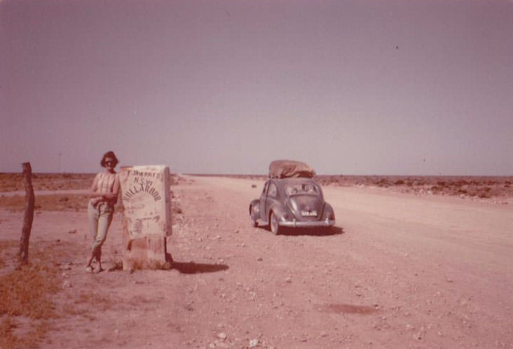 Dorothy on Nullarbor, at the mailbox of Nullarbor homestead, 1963