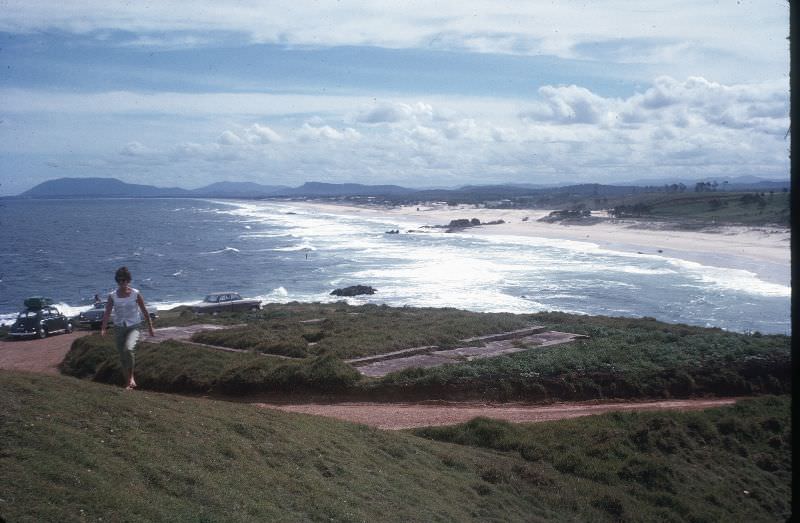 Dorothy climbing Transit Hill, Port Macquarie, Jan 1963