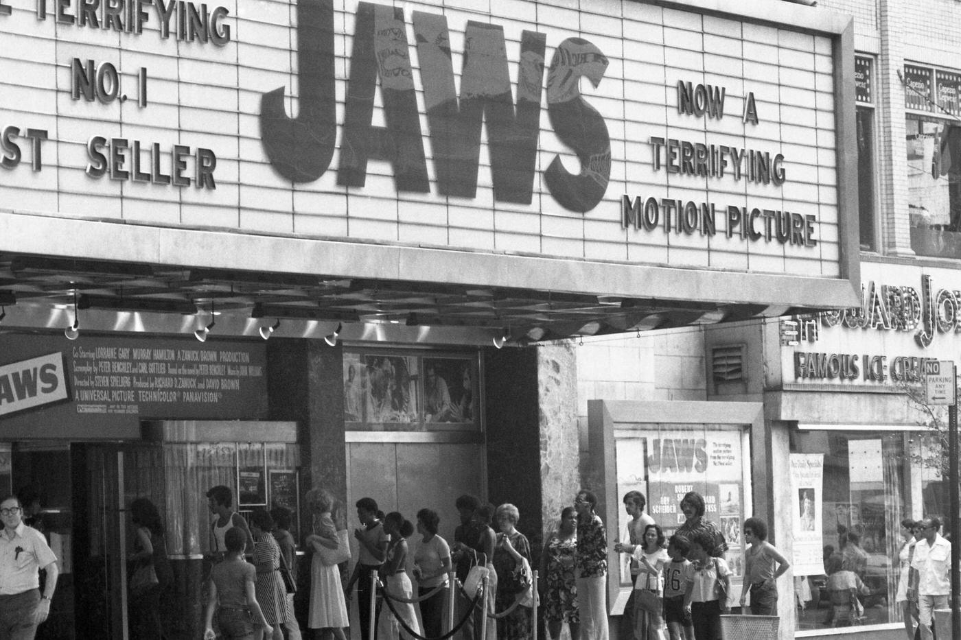 Crowds line up outside movie house to see, 'Jaws'
