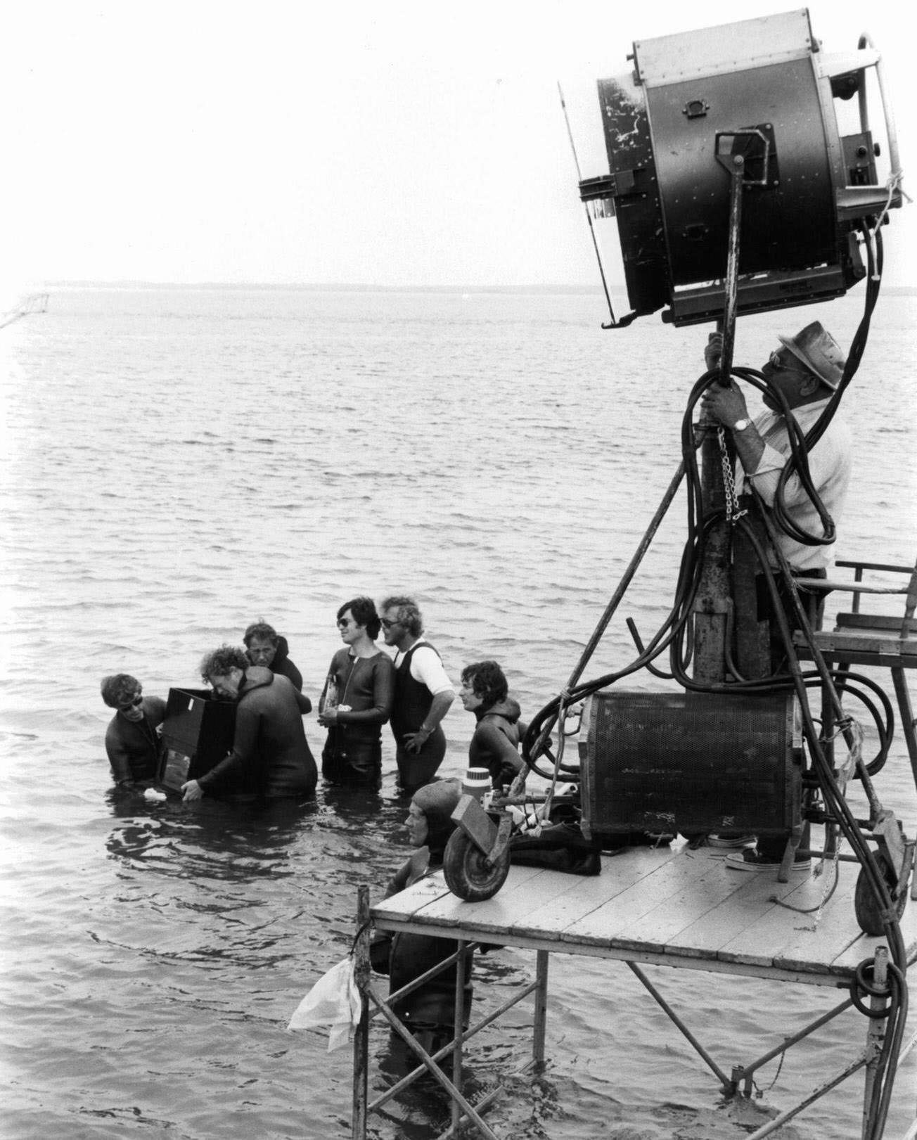 Steven Spielberg watching crew filming scene in 'Jaws', 1975.