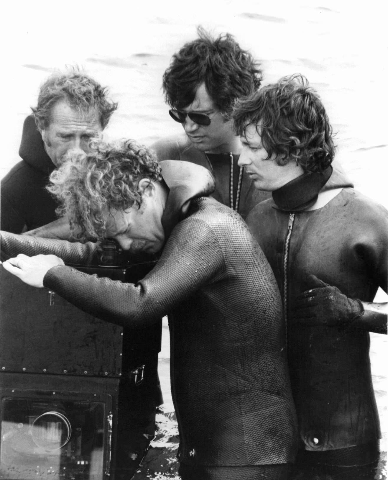 Steven Spielberg watching crew filming scene in 'Jaws', 1975.
