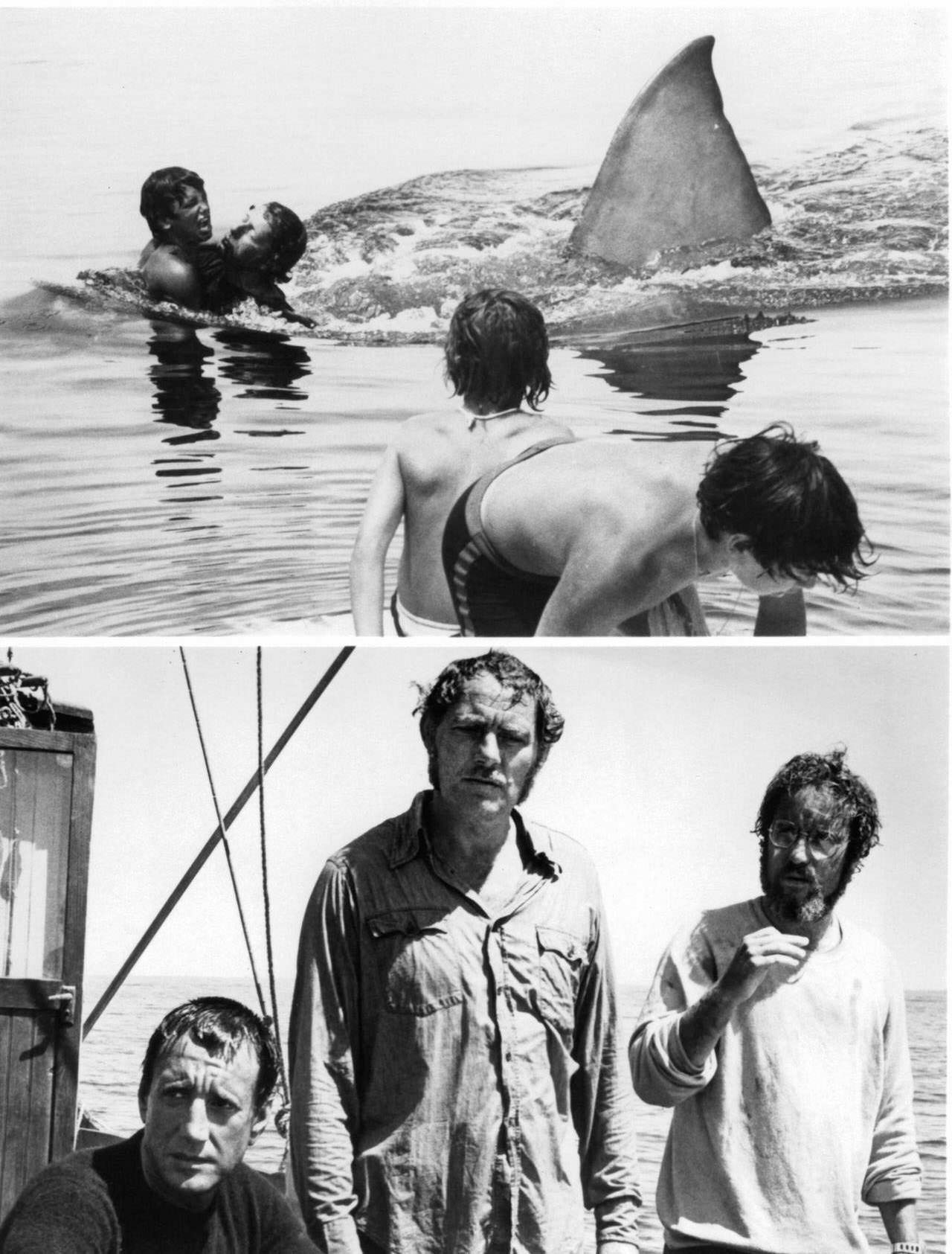 Great White Shark attacks swimmers (above), Roy Scheider, Robert Shaw, and Richard Dreyfuss on boat in serious contemplation in a scene from the film 'Jaws', 1975.