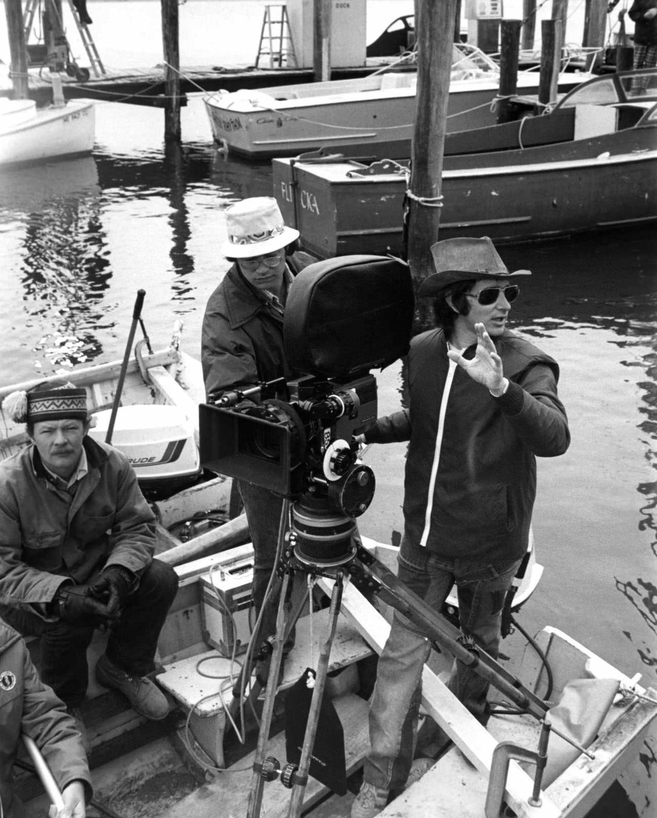 Martha's Vineyard, with Director Steven Spielberg and camera crew on the set of the Universal Pictures production of 'Jaws' in 1975 in Martha's Vineyard, Massachusetts.