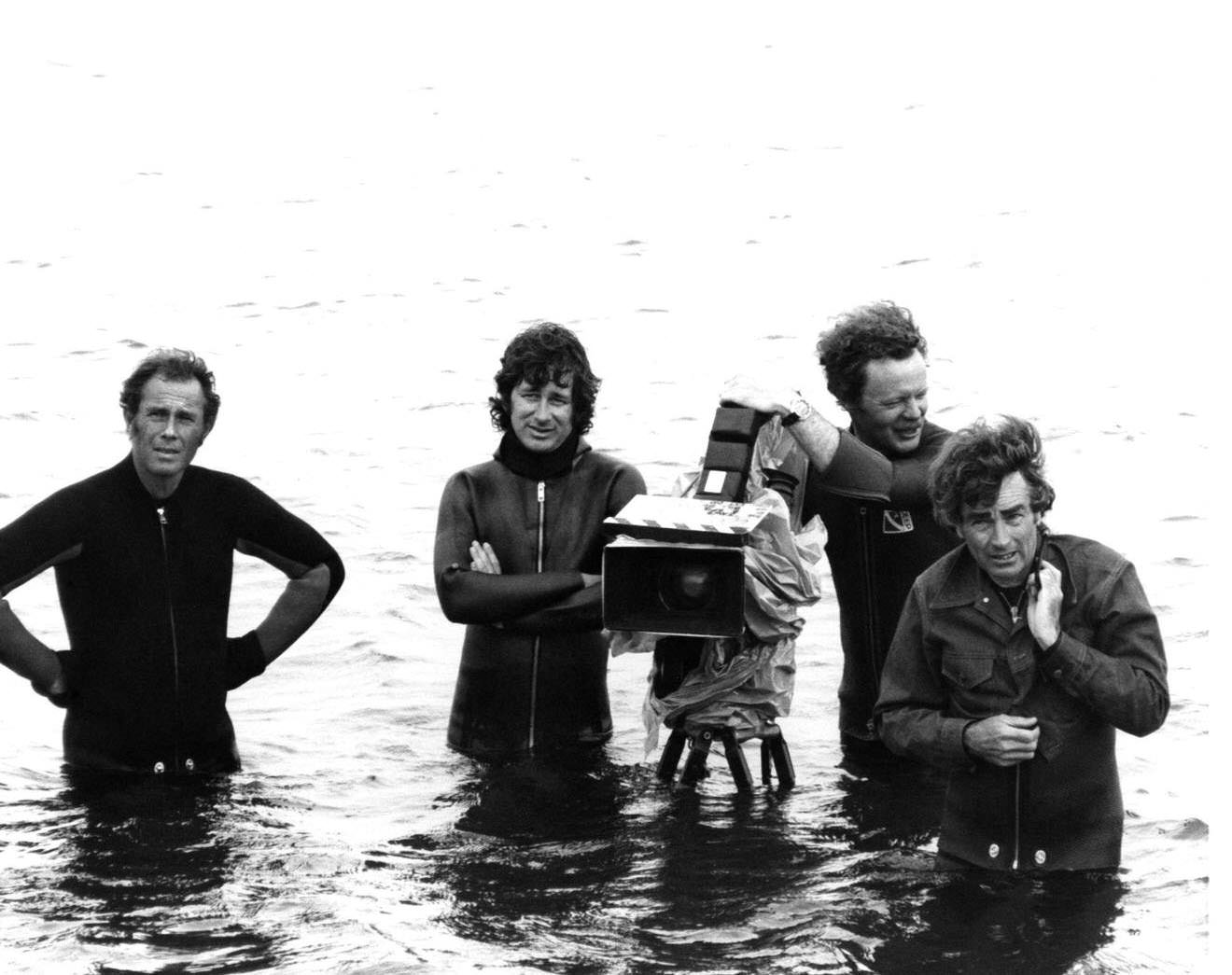 Martha's Vineyard with Director Steven Spielberg, camera operator Michael Chapman and cinematographer Bill Butler on the set of 'Jaws' in 1975 in Martha's Vineyard, Massachusetts.