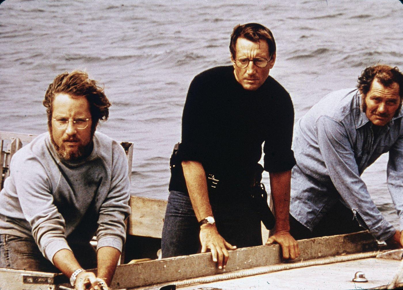 American actors Richard Dreyfuss, Roy Scheider and Robert Shaw on board a boat in a still from the film, 'Jaws,' 1975.