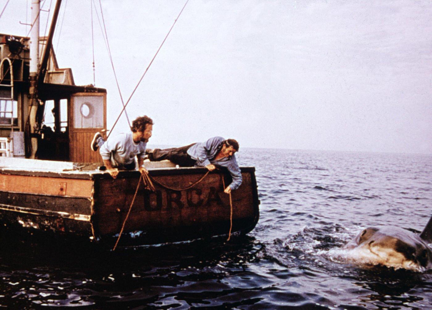 Richard Dreyfuss and Robert Shaw hold ropes while leaning off the back of their boat, 'Orca,' in pursuit of the giant Great White shark in a still from the film, 'Jaws,' 1975.