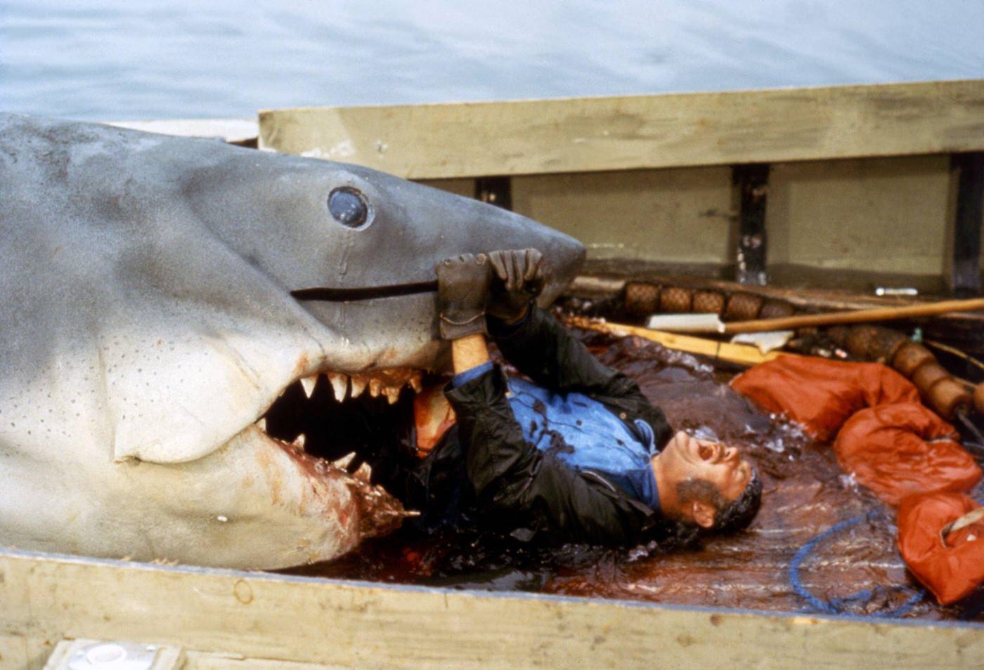 British actor Robert Shaw on the set of Jaws, directed by Steven Spielberg.
