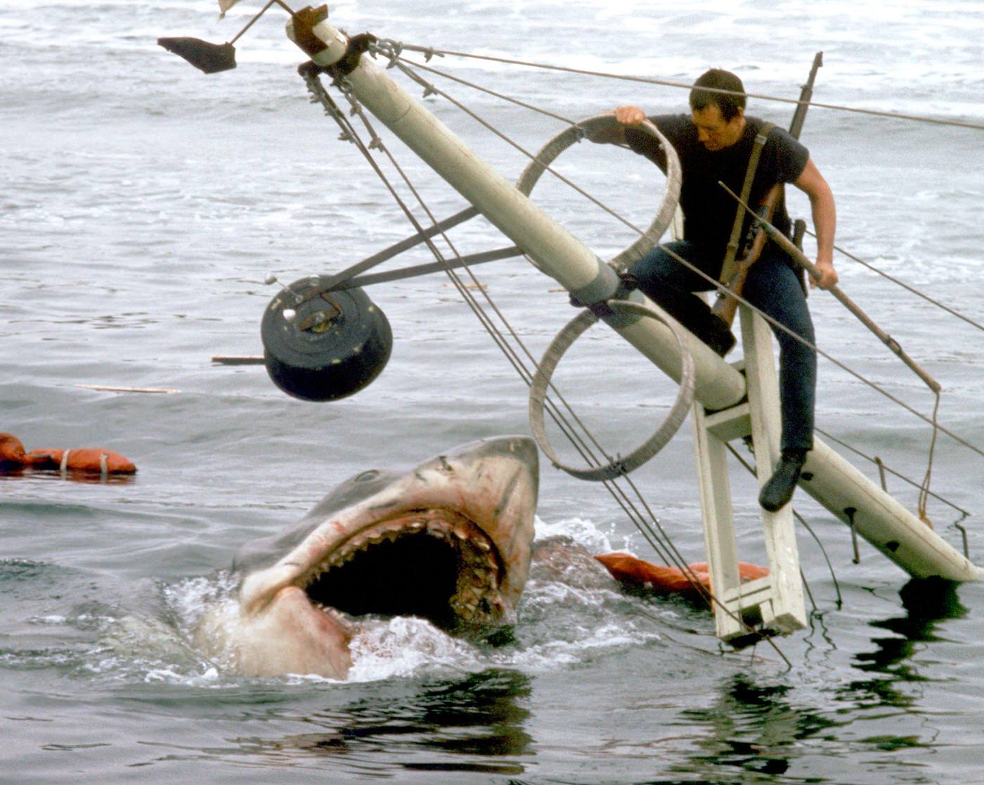 Roy Scheider on the set of Jaws, directed by Steven Spielberg.