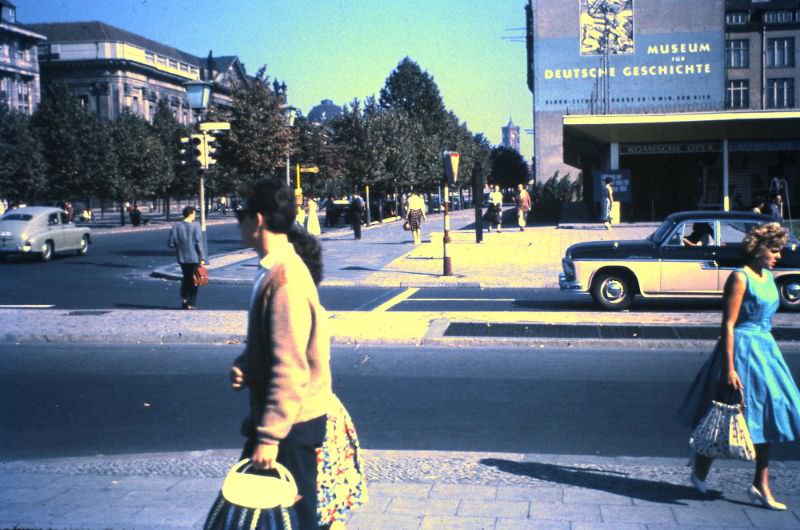 Unter den Linden. At the junction with Friedrichstrasse, looking east. Berliner Dom and Rotes Rathaus can be seen in the distance, East Berlin, September 11, 1959