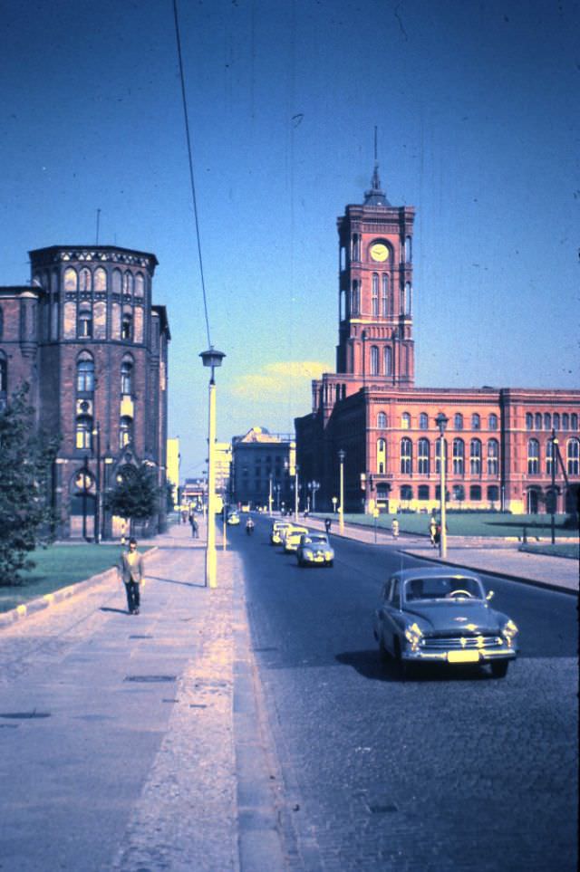 Rathausstrasse and Rotes Rathaus (Red Town Hall) looking east, towards Alexanderplatz, East Berlin, September 11, 1959