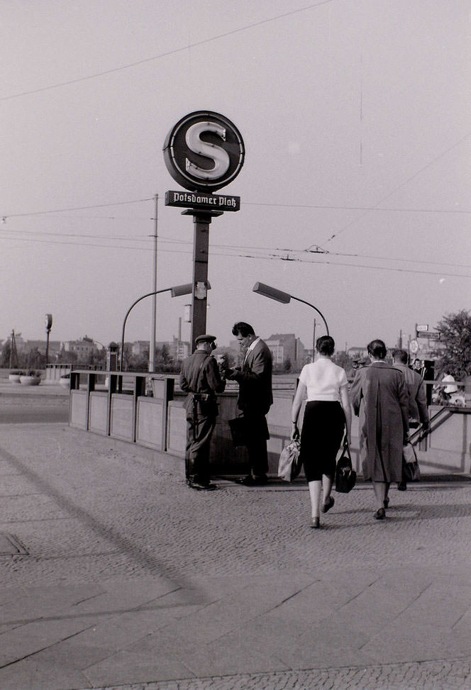 The People's Police checking documents of people entering Potsdamer Platz S-Bahn. Picture taken from West Berlin.