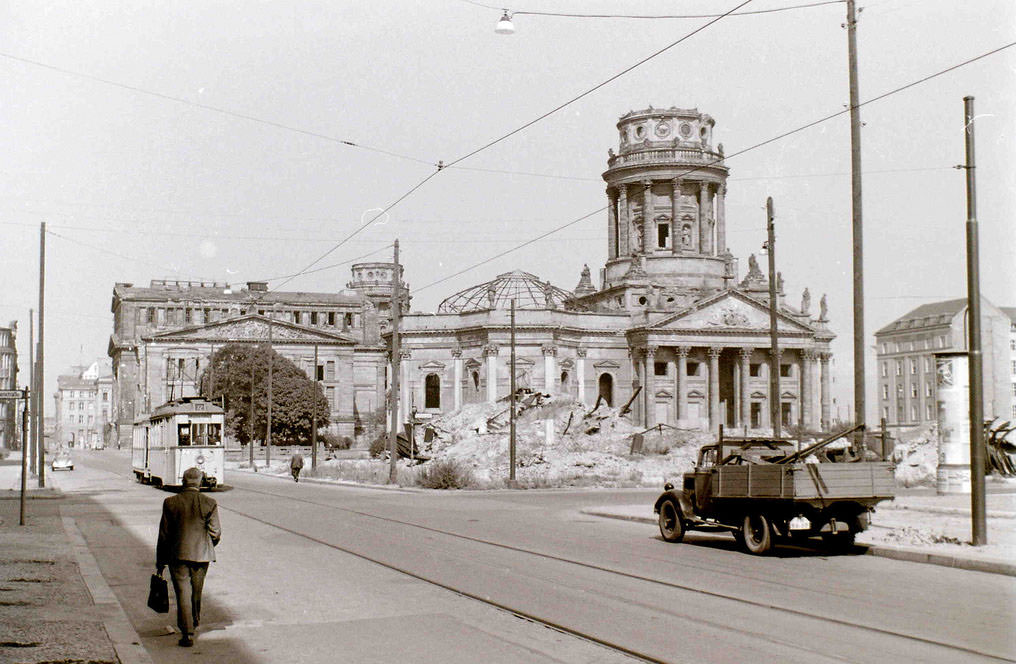 The bombed ruin of one of the twin churches in Gendarmenmarkt, East Berlin.