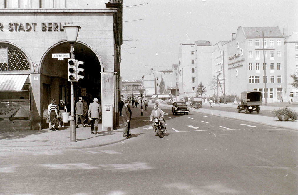 The view looking north along Friedrichstrasse at the junction with Unter den Linden.