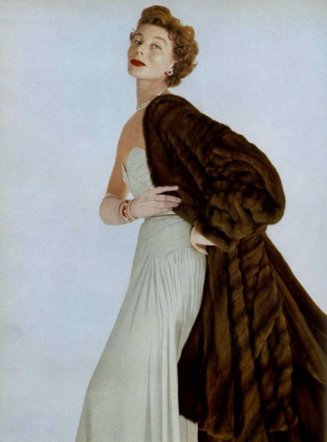 Bettina in mink coat by Maurice Kotler, jewelry by Chaumet, 1953