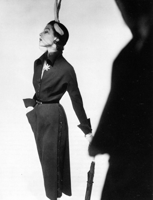 Bettina modeling a Jacques Fath dress, Vogue, 1950