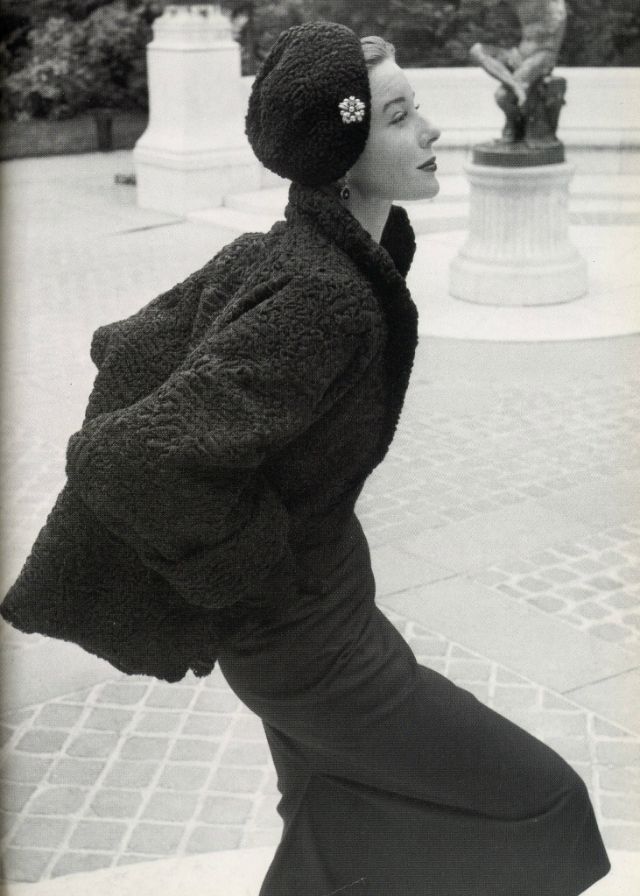 Bettina in an astrakhan jacket and beret by Revillon, 1952