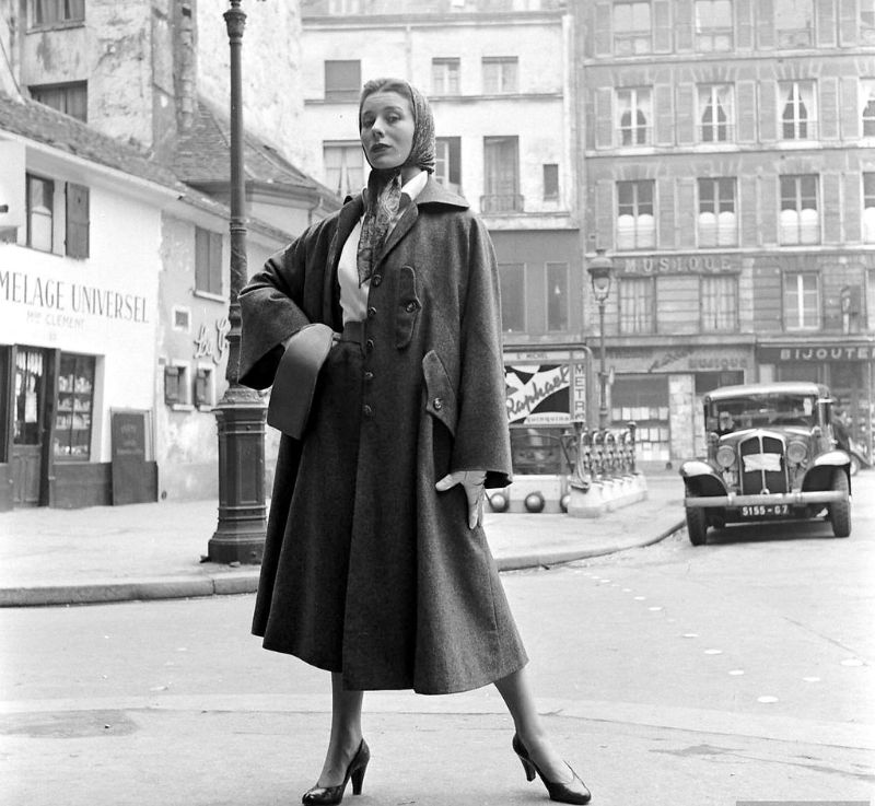 Bettina in coat and "lantern" scarf by Givenchy, Paris, February 1952