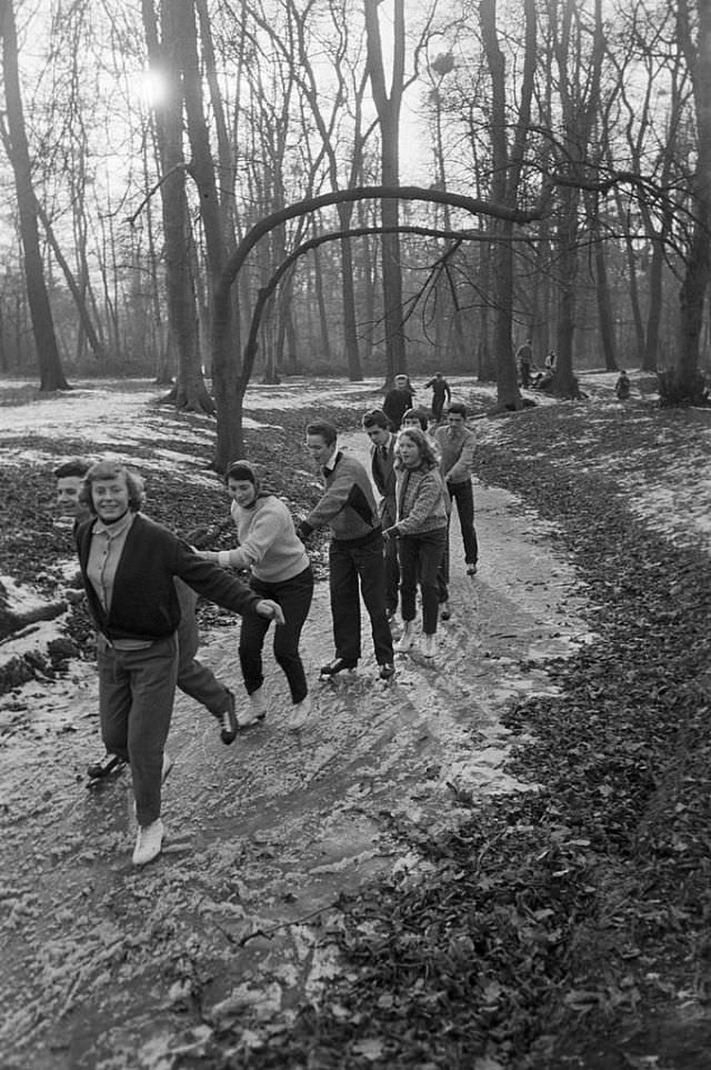 A group of friends playing on the frozen lake.