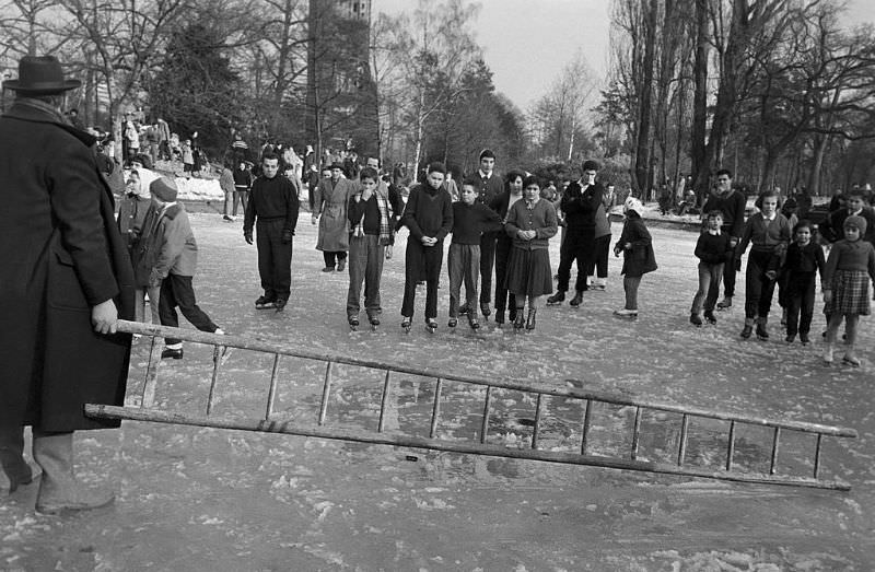 Young skaters looking at a man dragging a ladder.