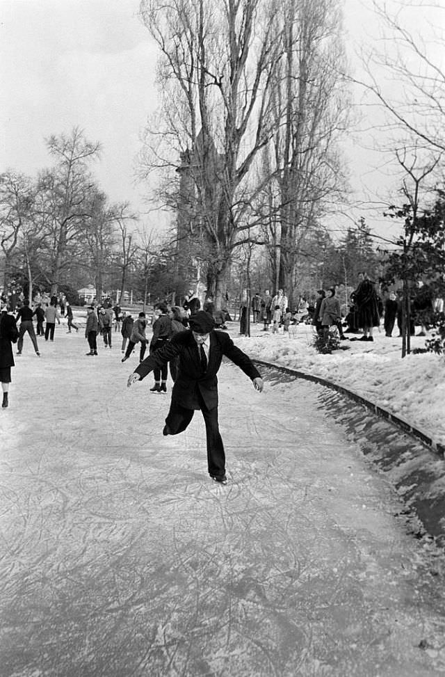 An elderly man skating.