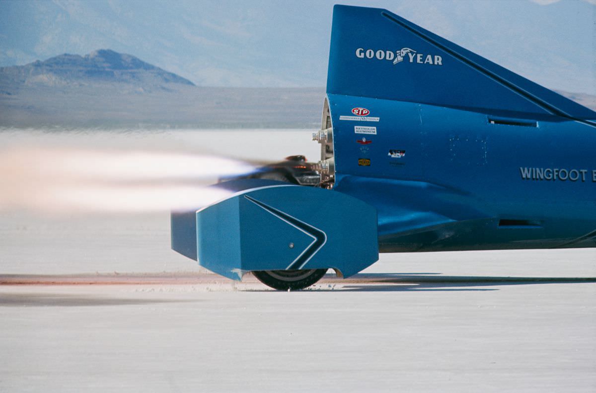 The rocket-powered Wingfoot Express 2 built by Walt Arfons, propelled by the use of 35 Jet-Assisted Take Off pods.