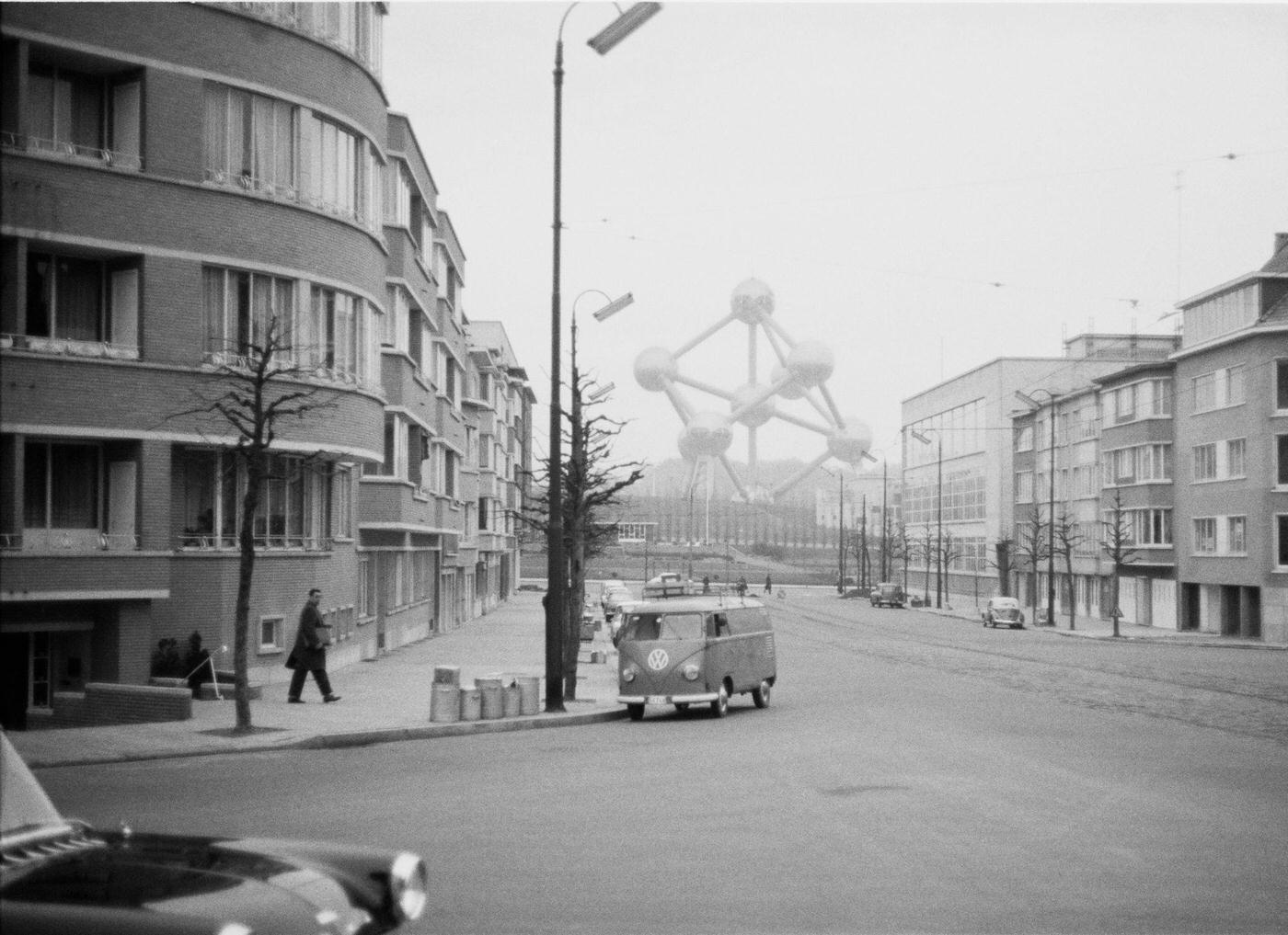 A street in Brussels, Belgium with the Atomium visible at the far end, 1959.
