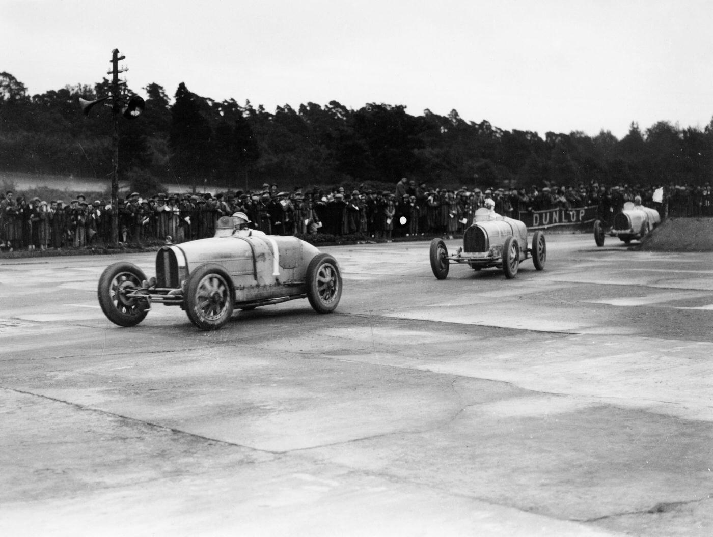 British Grand Prix, Brooklands, 1927. George Eyston leading Count Caberto Conelli and Emilio Materassi. They are all driving Bugattis.
