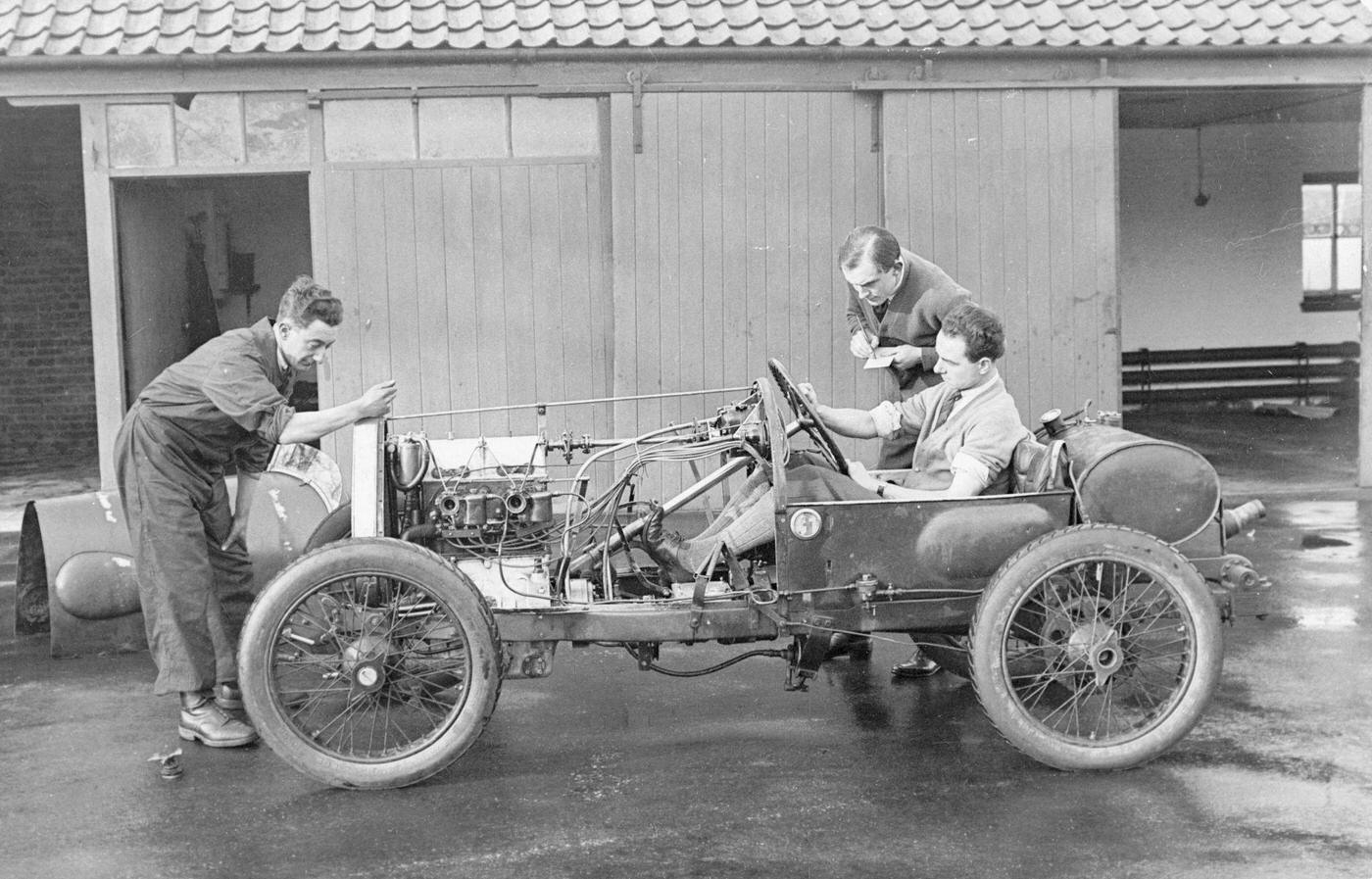 Amherst Villiers and a mechanic taking the revs of a Bugatti Cordon Rouge, 1920s