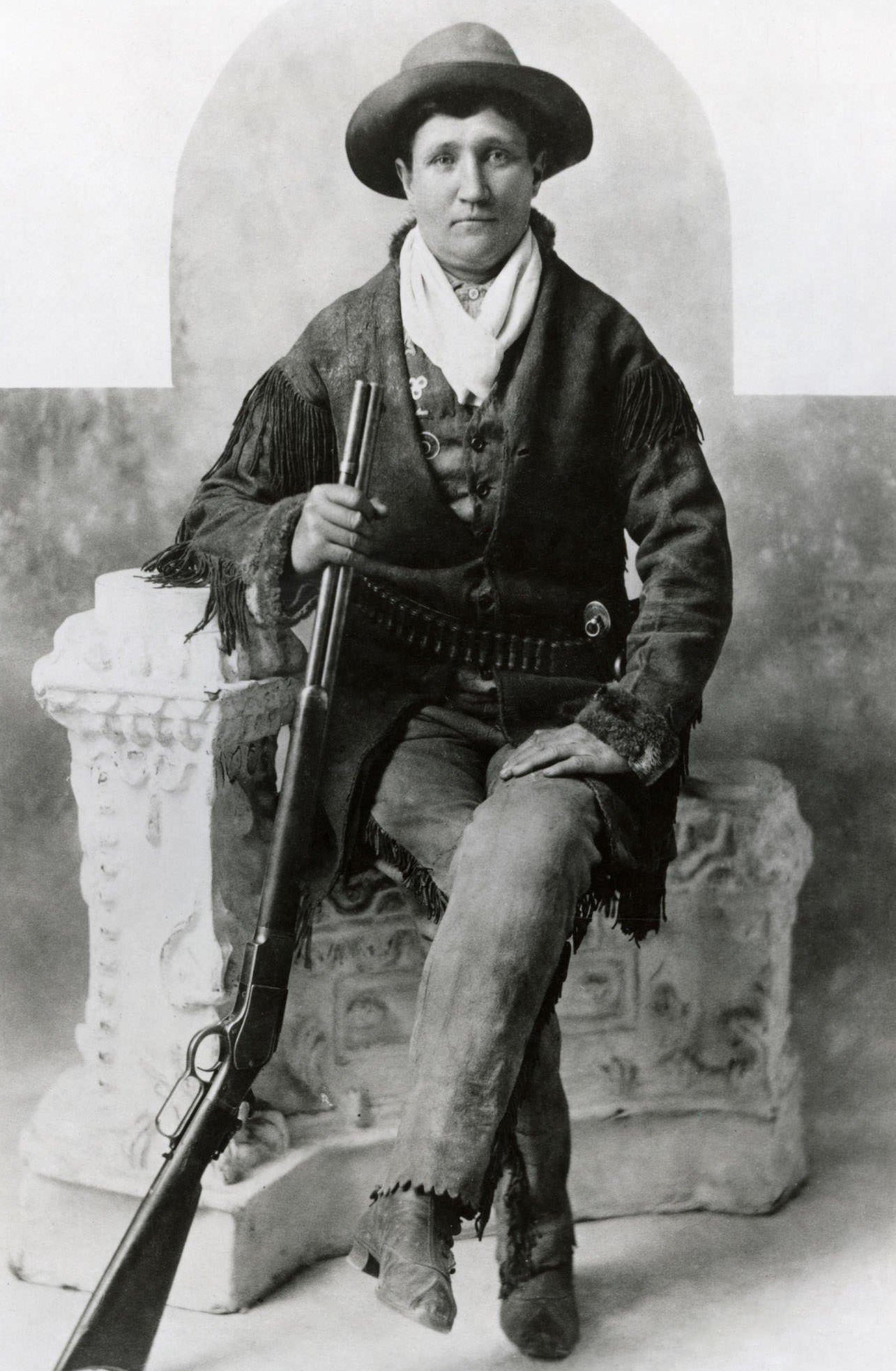 A studio portrait of frontierswoman and sharpshooter, Calamity Jane, 1895