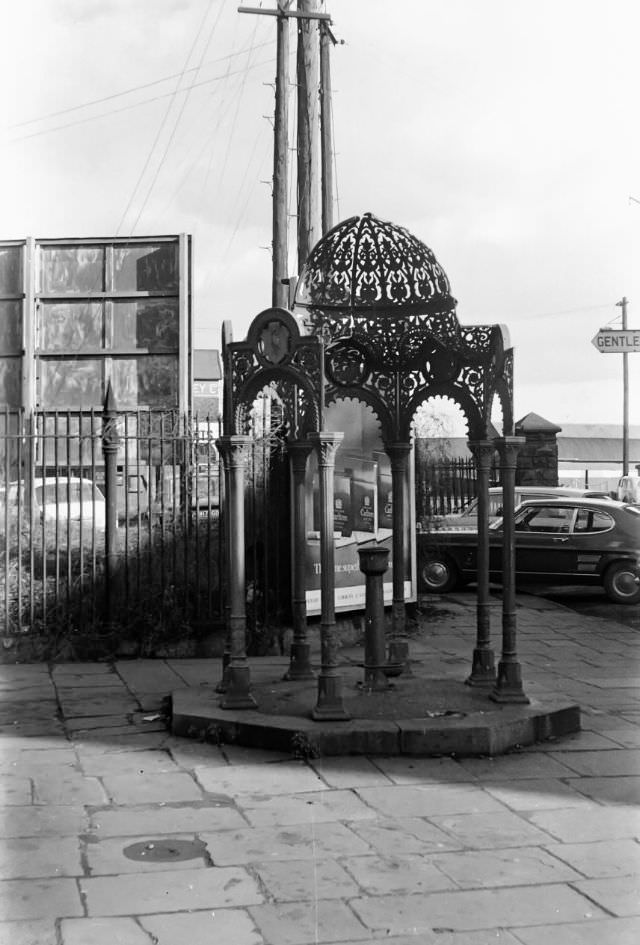 Butetown drinking fountain, Cardiff, February 1974