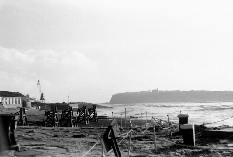 Penarth Head. Looking out towards Penarth from next to the entrance to the Roath Dock, Cardiff, February 1974