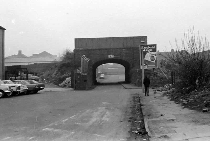 This bridge used to carry the line to the east side of the Bute West dock. This is Tyndall Street looking west towards Herbert Street, Cardiff, March 1974