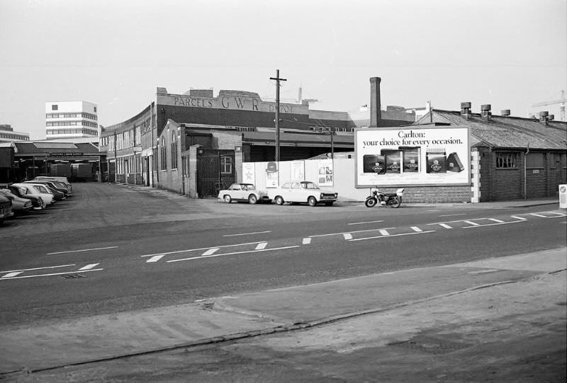 GWR Parcels Depot. This site is now the car park to the south of Cardiff Central, Cardiff, February 1975