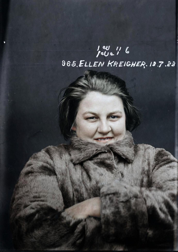 Ellen Kreigher, who had just been arrested and charged with murder, 13 July 1923, Central Police Station, Sydney.