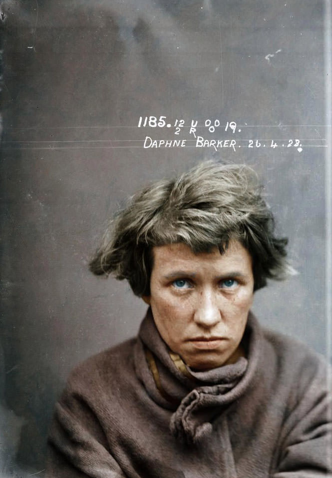 Daphne Barker, 26 April 1923, probably at the Central Police Station, Sydney. Details unknown.