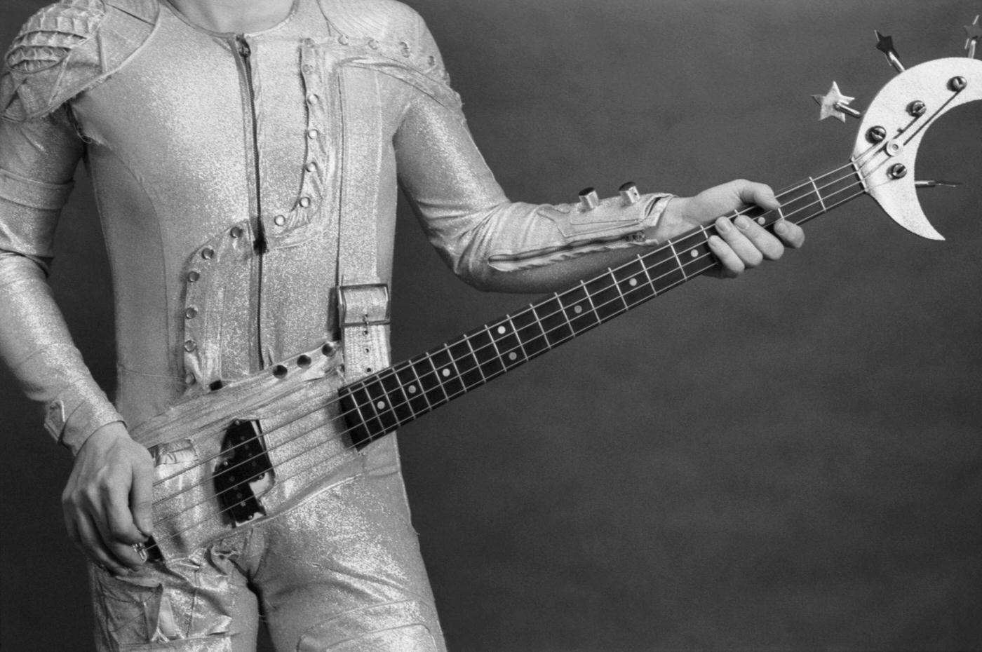 'The Sound Suit', combining a body suit single apparel with an electric bass guitar fitted into its pelvic pocket