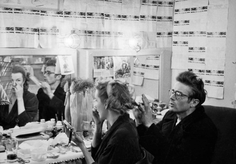 James Dean with actress Geraldine Page in her dressing room, 1955