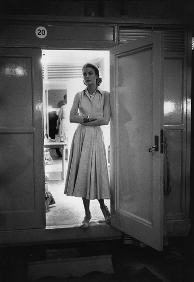 Grace Kelly in her dressing room trailer during the making of the film ‘High Society’, 1956