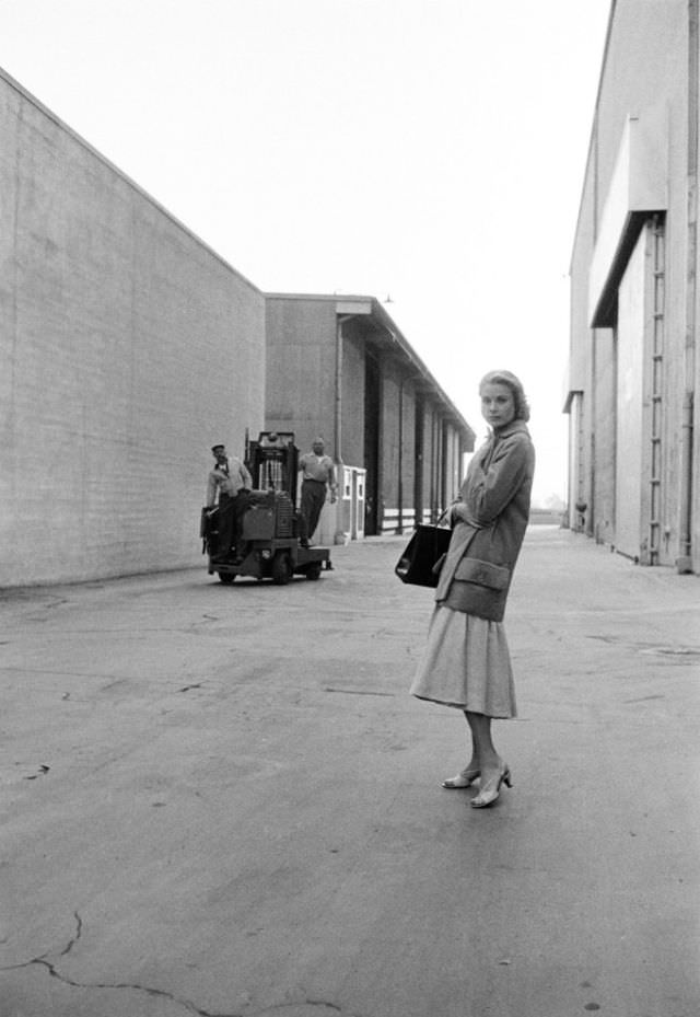 Grace Kelly on the Hollywood studio lot during the filming of ‘High Society’, with Bing Crosby and Frank Sinatra, 1956