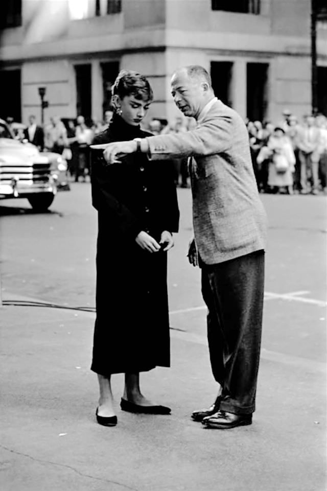 Audrey Hepburn being directed by Billy Wilder on location in New York City for the film ‘Sabrina’, Stock, 1954