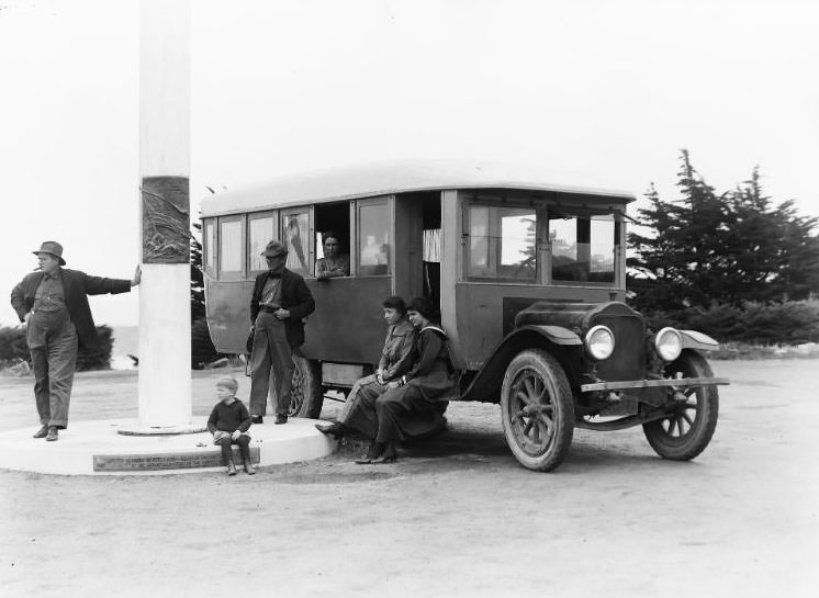A 1918 early American Bus pictured atop Lands End at the end of the transcontinental "Lincoln Highway" in San Francisco, California, 1918