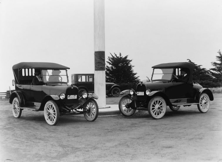 Briscoe Motor Cars pictured atop Lands End at the end of the Lincoln Highway in San Francisco, California, 1919