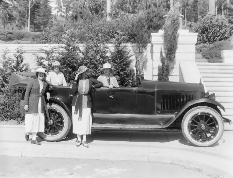A group of well-dressed women pictured with a Cole Motor Car convertible in San Francisco's prestigious St. Francis Woods neighborhood, 1921