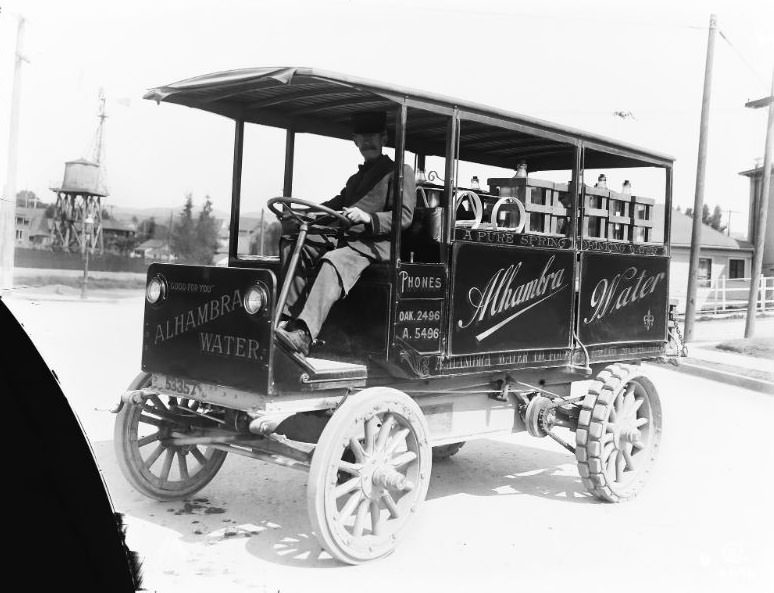 Alhambra Water Delivery in Oakland, California. The Alhambra Water Co. is still in operation to this day, 1910