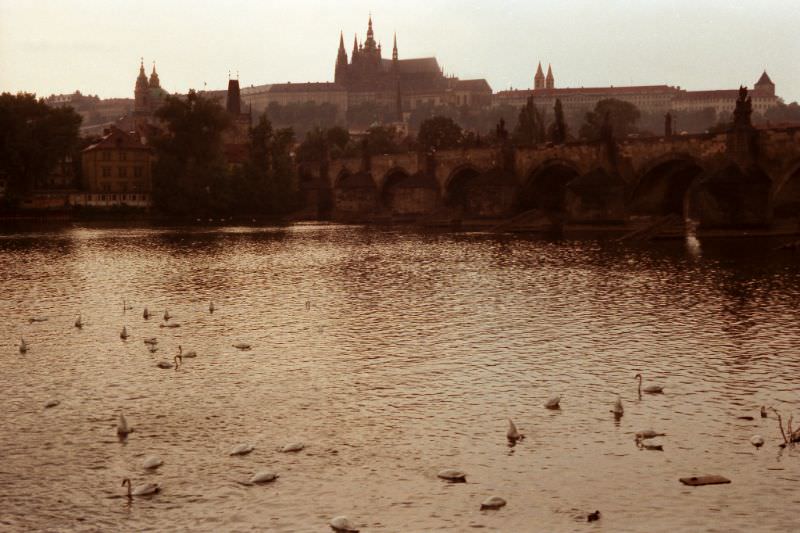 Charles Bridge, looking up at Prague Castle, Czech Republic, 1989