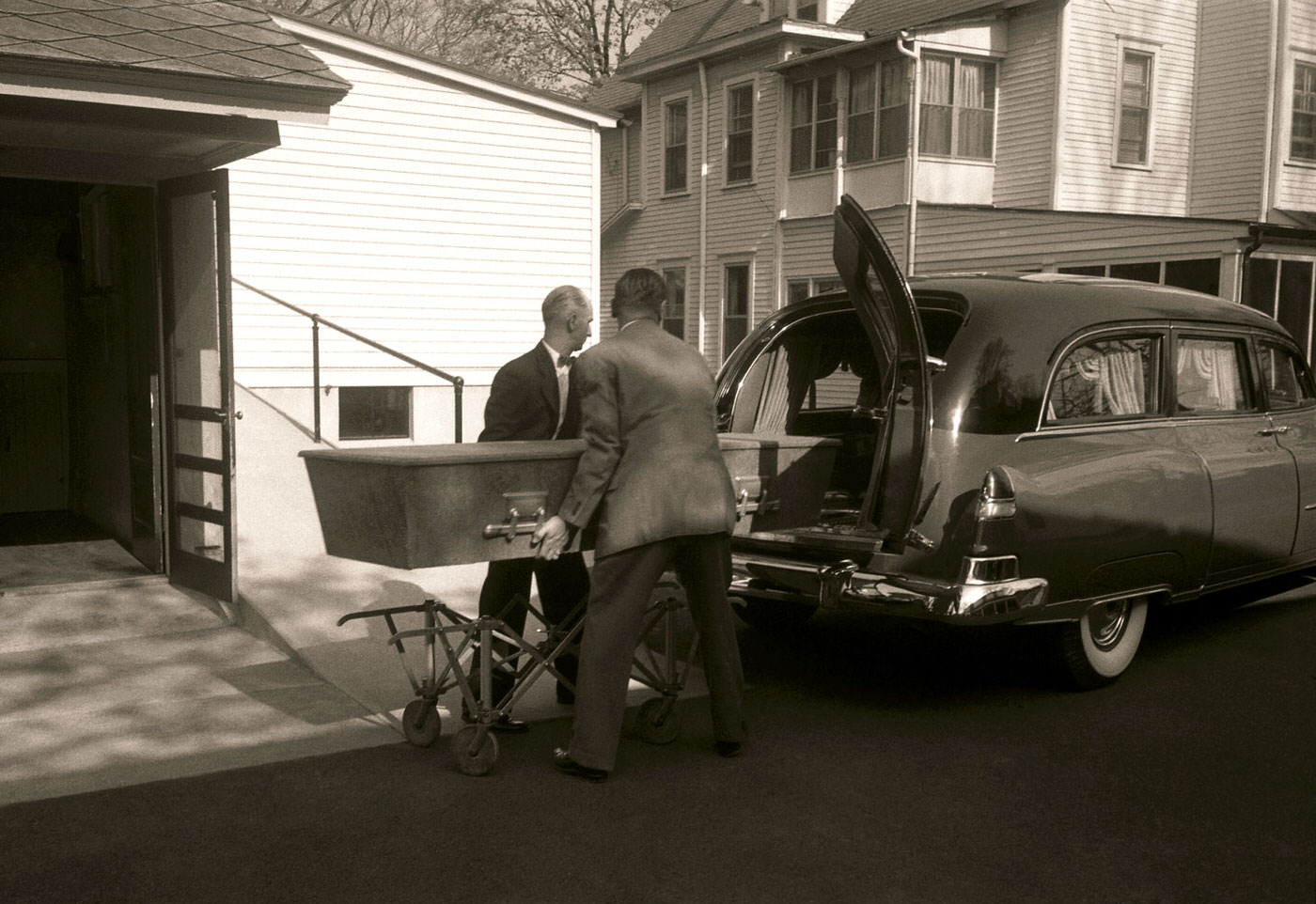 Albert Einstein's casket makes its final journey from Princeton Hospital to a funeral home in Princeton, New Jersey, in April 1955.